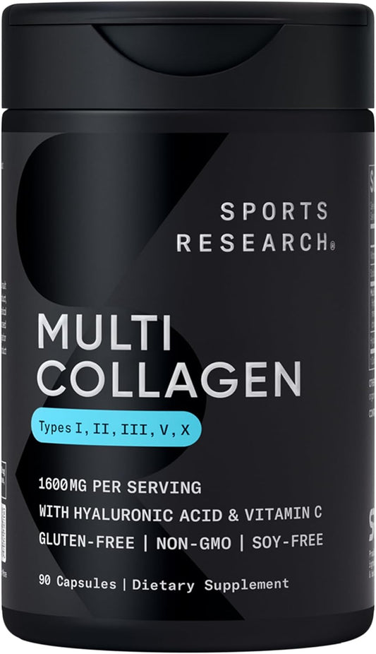 Multi Collagen Pills (Type I, II, III, V, X) Hydrolyzed Collagen Peptides with Hyaluronic Acid + Vitamin C | Non-Gmo Verified & Gluten Free - 90 Capsules