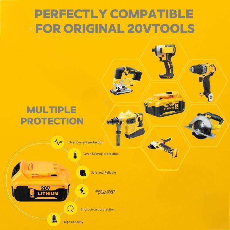 DCB200 8.0Ah Lithium Battery Replacement for Dewalt 20V Battery Max XR Cordless Tools DCB180 DCB206 DCB206-2 DCB200 DCB204 DCB204BT-2 DCB203 DCB201 DCB207