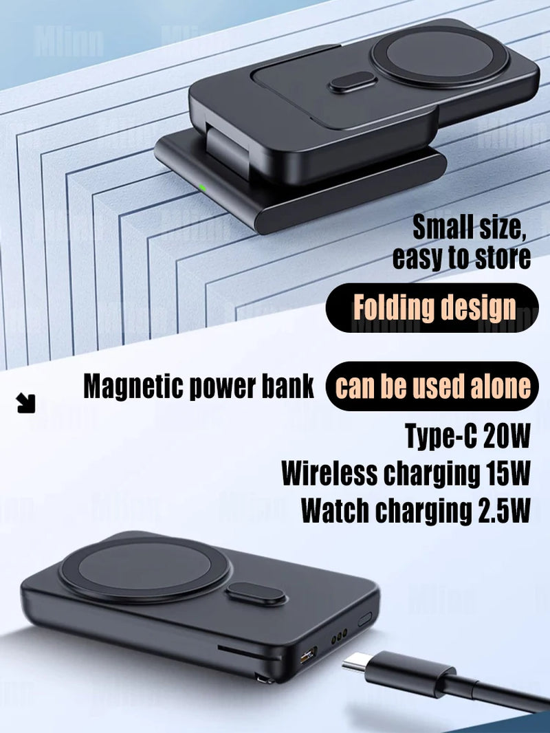 "Ultimate 3-in-1 Wireless Magnetic Charging Station - Fast, Foldable Power Bank for MagSafe iPhone 15/14/13/12!"