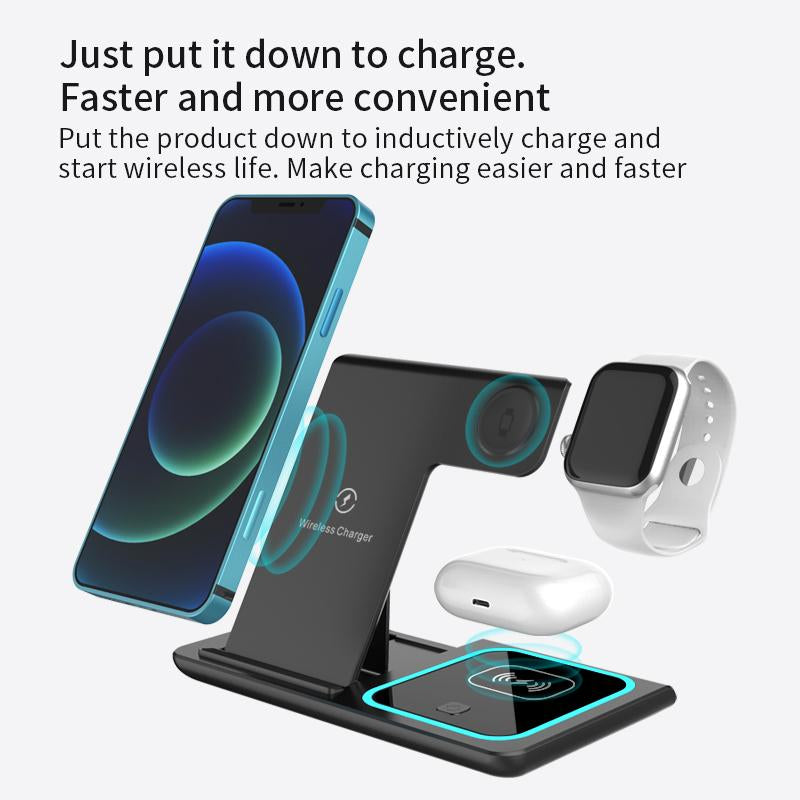 Foldable 3 in 1 Wireless FAST Charger 15W Stand for Iphone 15,14,13,12,11/Pro/Max/Mini/Plus, X, XR, Xs/Max, Se,8/Plus, Suitable for Iwatch 1-9, Airpods 3/2/Pro - Compact, Stylish & Effortless Charging Solution