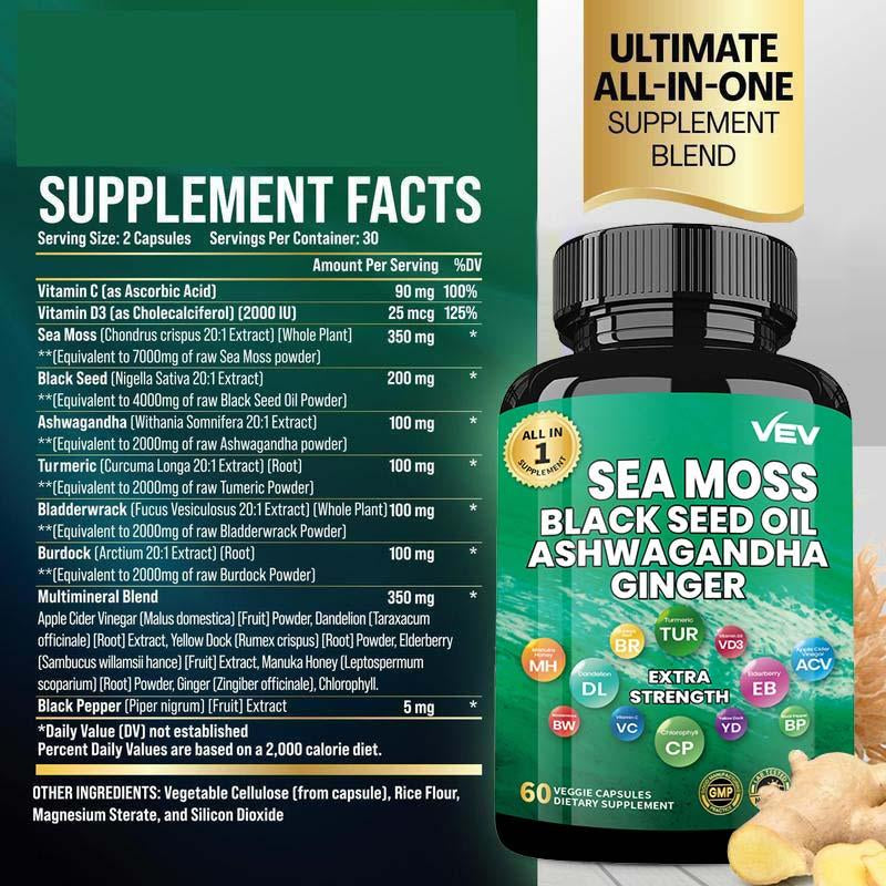 VEV Sea Moss, Shilajit, Black Seed Oil, Turmeric, Multi Minerals, Ashwagandha, Burdock Root, Vitamin C -60 Capsules Healthcare Dietary Supplements