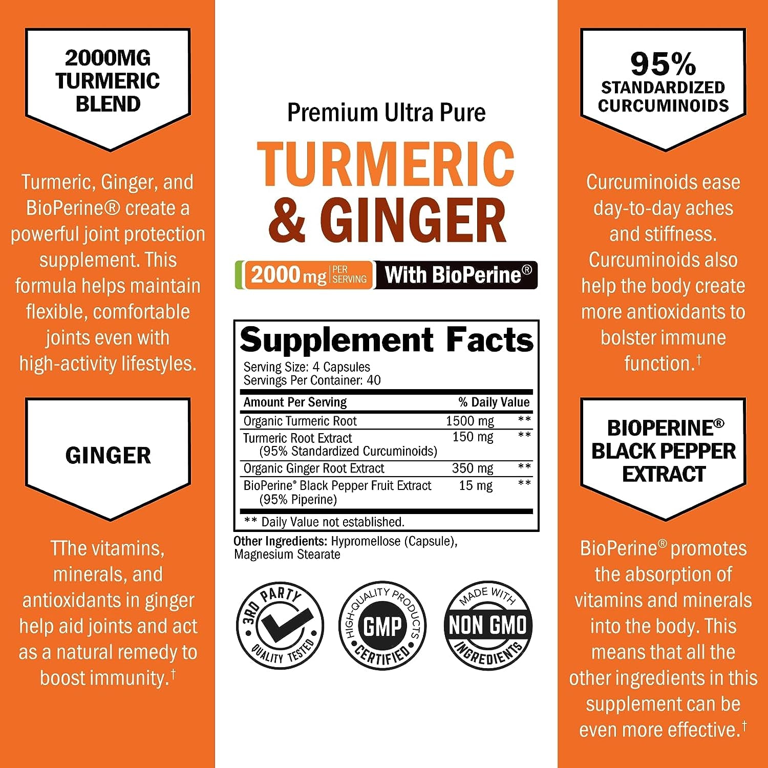 Turmeric Curcumin and Ginger 2000Mg with Bioperine for Maximum Absorption, 95% Standardized Curcuminoids Natural Turmeric Supplement for Joint & Immune Support - Gluten-Free, No-Gmo, 160 Capsules