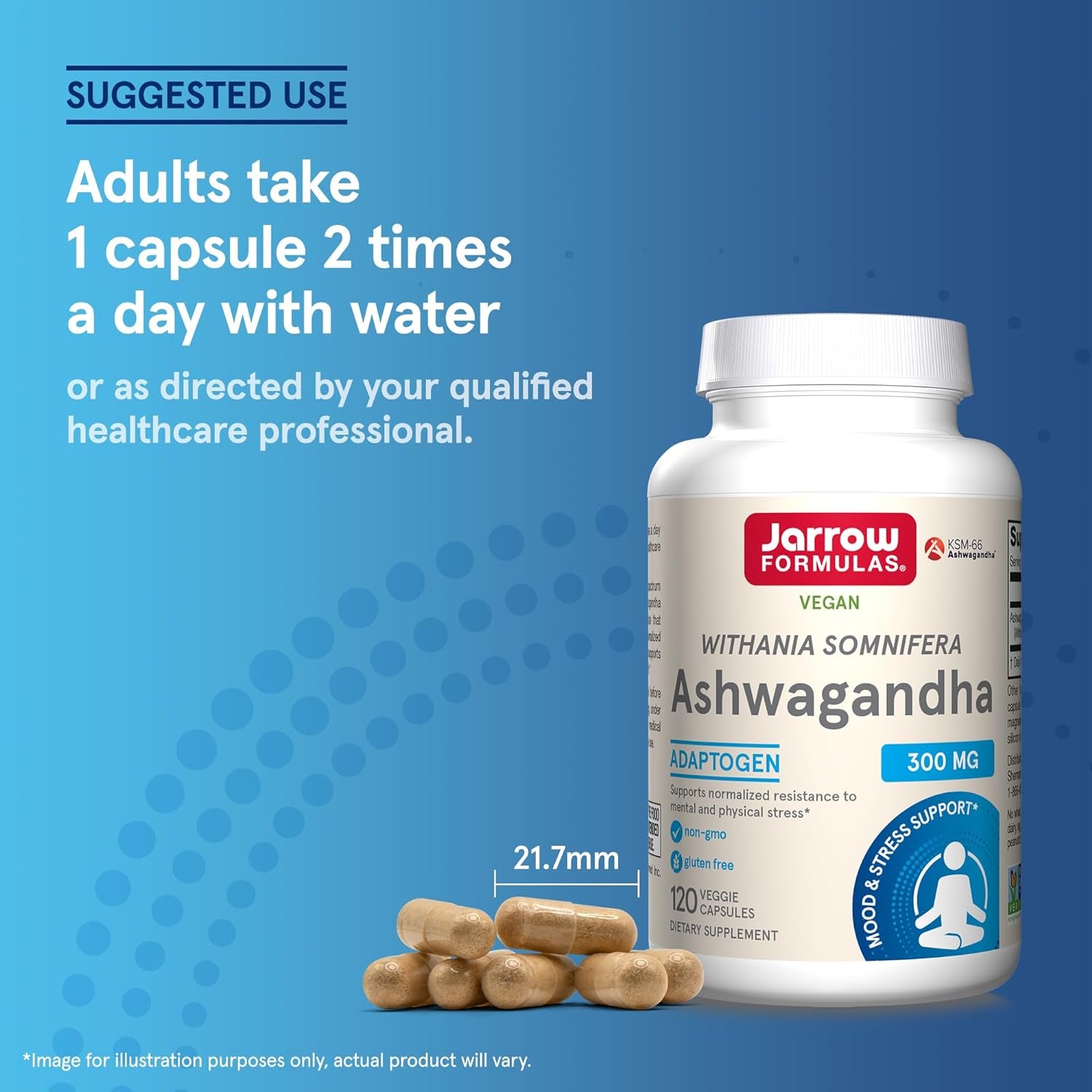 Ashwagandha Capsules, 300 Mg Supplement Supports Normalized Resistance to Mental and Physical Stress, 120 Veggie Capsules, 60 Day Supply