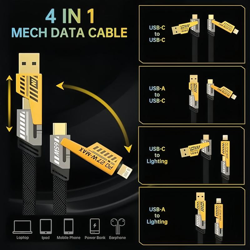 Deals for You Days 4-In-1 USB-C Cable, PD 100W Fast Charging Cable and Data Sync, Flat Braided Charger Cable with C/USB Type a for Laptops Iphone Ipad Macbook