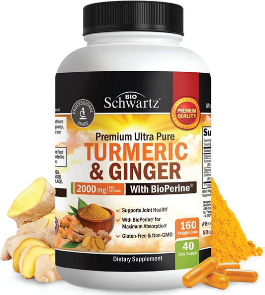 Turmeric Curcumin and Ginger 2000Mg with Bioperine for Maximum Absorption, 95% Standardized Curcuminoids Natural Turmeric Supplement for Joint & Immune Support - Gluten-Free, No-Gmo, 160 Capsules