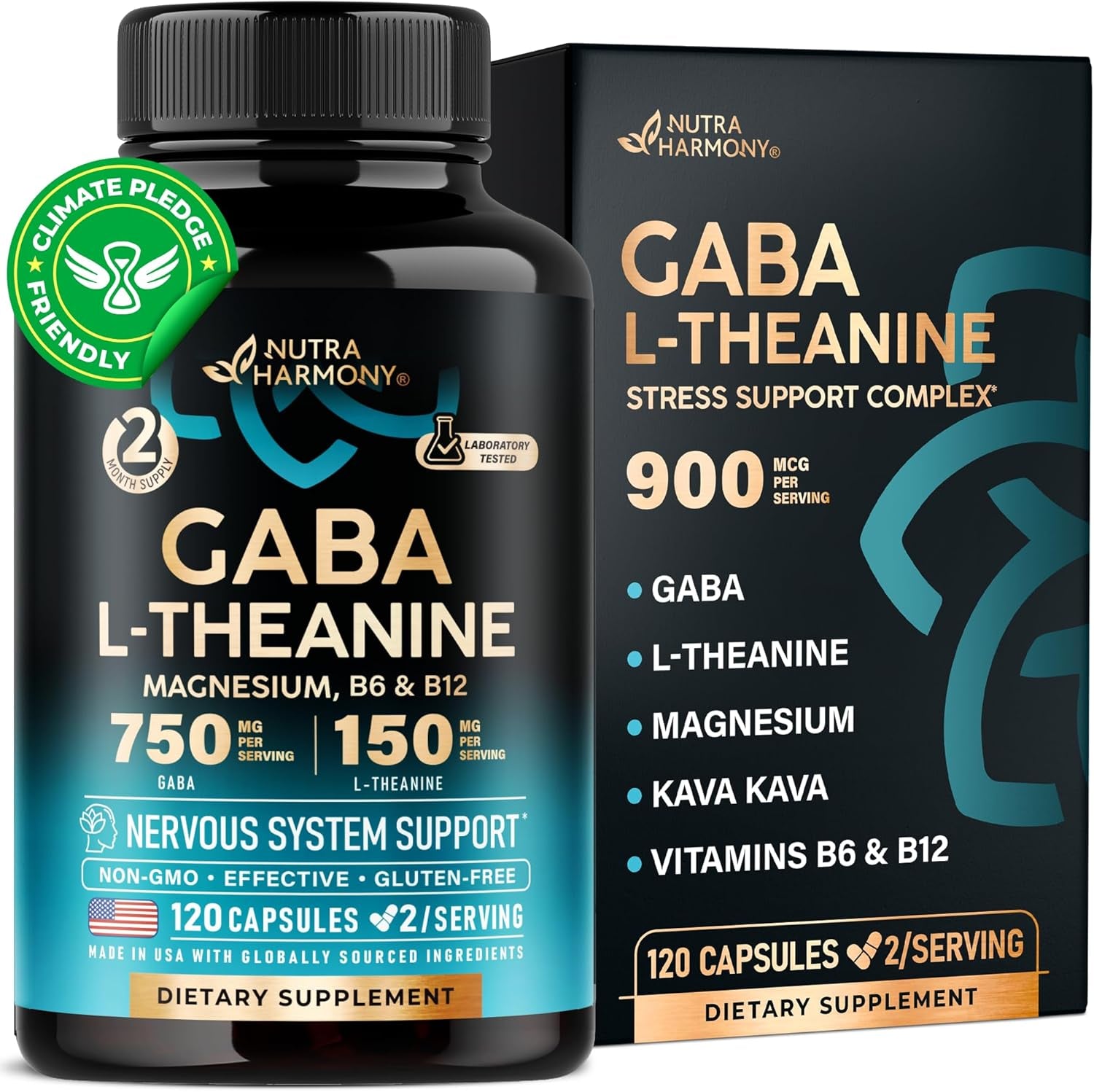 GABA L-Theanine 900 Mg - Made in USA - Magnesium | Vitamin B6 - Calm, Sleep, Relaxation & Mood Support - 750 Mg Gamma Aminobutyric Acid, 150 Mg L-Theanine - Non-Habit Forming, Vegan - 120 Capsules