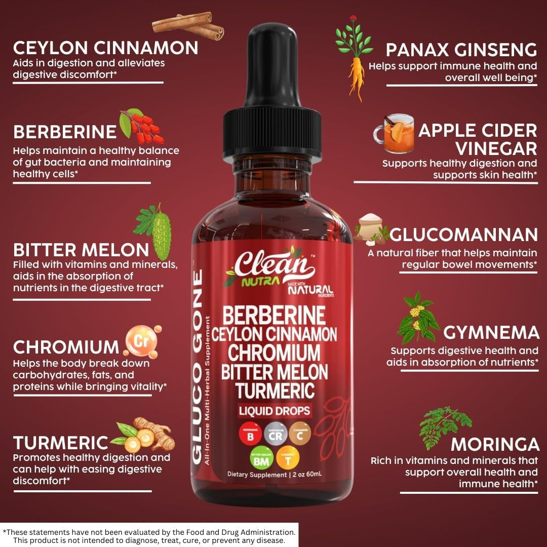 Organic Ceylon Cinnamon Berberine Liquid Drops Supplement with Bitter Melon Extract, Glucomannan, Gymnema, Chromium, Turmeric, Organic Panax Ginseng, Apple Cider Vinegar, Moringa Powder Vegetarian