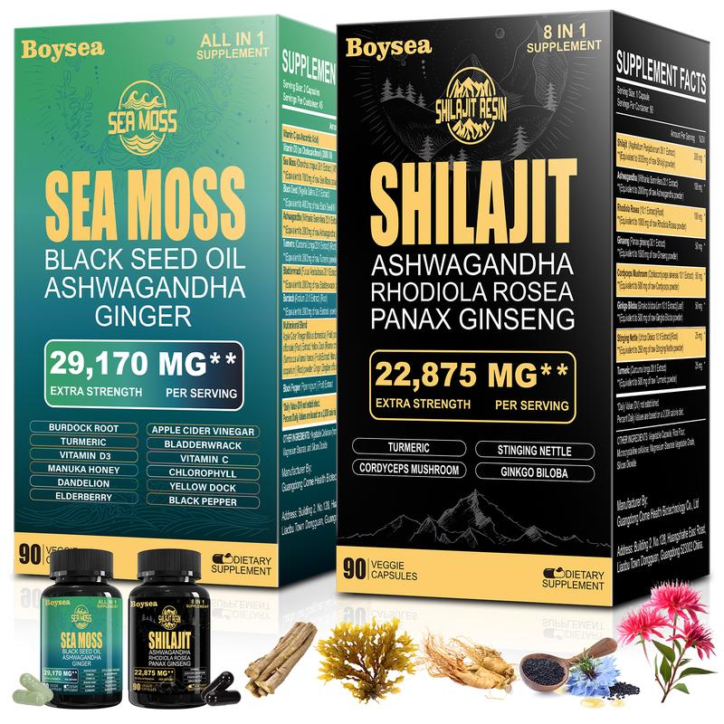 Boysea Sea Moss Multivitamin & Shilajit Power Combo - 90 Count - Seamoss 7000Mg, Black Seed Oil 4000Mg, Ashwagandha 2000Mg, Ginger & Shilajit 9000Mg, Rhodiola Rosea 1000Mg, All in 1 Supplements