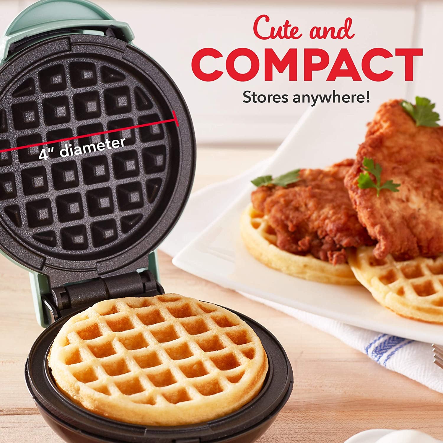 Mini Waffle Maker - 4” Waffle Mold, Nonstick Waffle Iron with Quick Heat-Up, PTFE Nonstick Surface - Perfect Mini Waffle Maker for Kids and Families, Just Add Batter (Aqua)