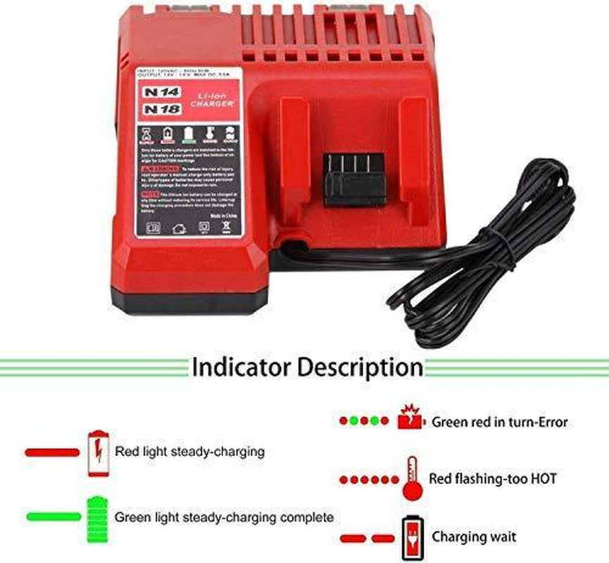 2Pcs and Charger 18V 6.0Ah Battery M18, for All Milwaukee M18 Battery 4811-1850 4811-1820 4811-1840 M18 M18B XC Cordless Power Tools 18V Lithium Battery +1* Charger