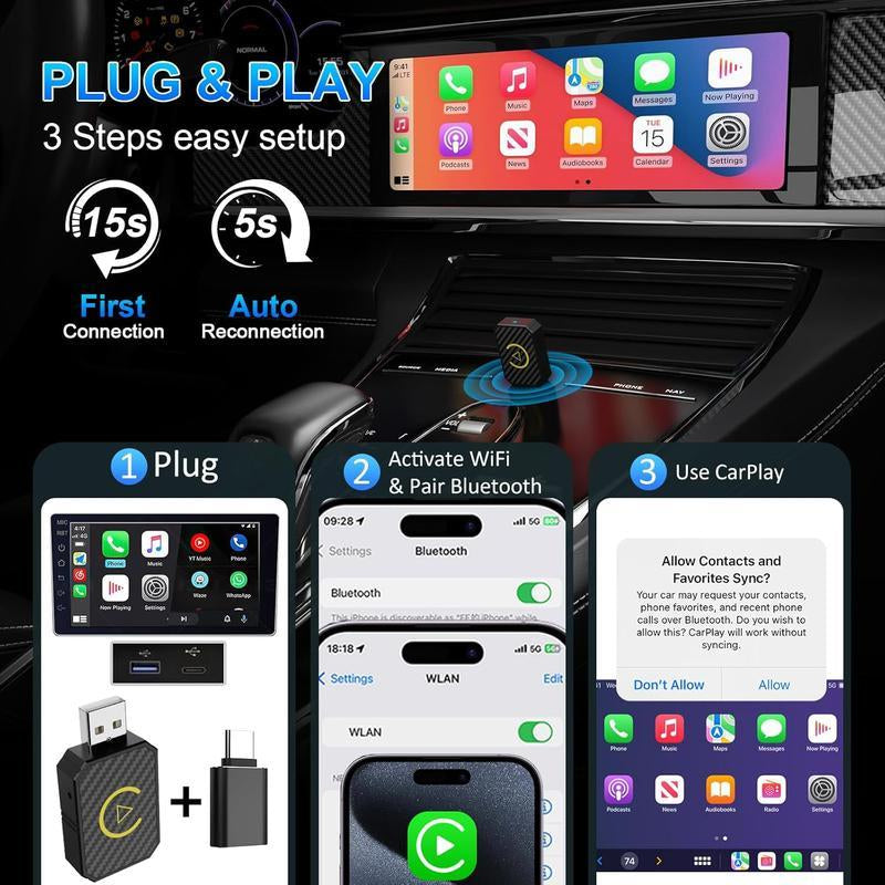 2-In-1 Android Car Wireless & Carplay Wireless Adapter, Switch from Wired to Wireless, Dongle for Cars with AA & Carplay, USB C/A, Plug and Play, Sturdy, Compatible with 98% Cars