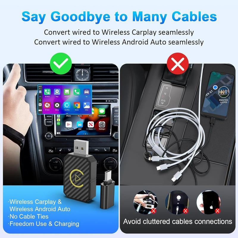 2-In-1 Android Car Wireless & Carplay Wireless Adapter, Switch from Wired to Wireless, Dongle for Cars with AA & Carplay, USB C/A, Plug and Play, Sturdy, Compatible with 98% Cars