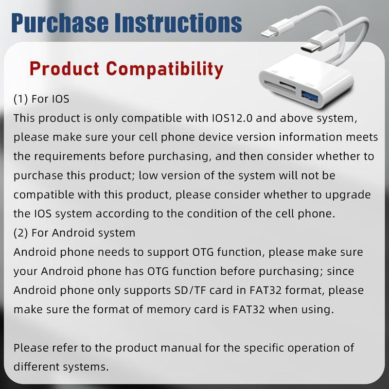 SD/TF/USB Card Reader, 1 Count Multifunctional Fast Transmission Adapter for Home Office, Card Reader Compatible with Iphone, Laptop Computer