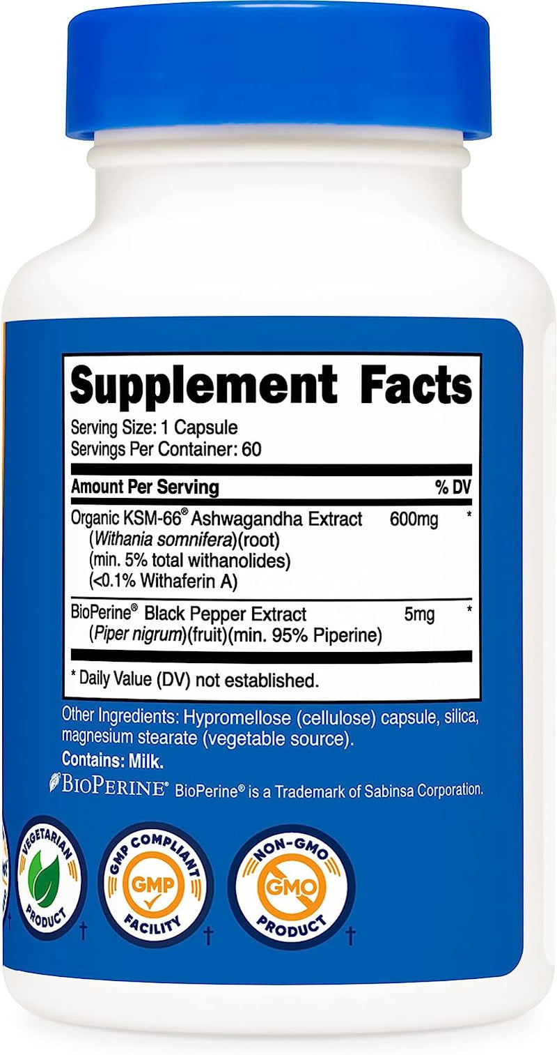 KSM-66 Ashwagandha Root Extract 600Mg, 60 Veggie Caps - 5% Withanolides - with Bioperine - Full-Spectrum Root Extract