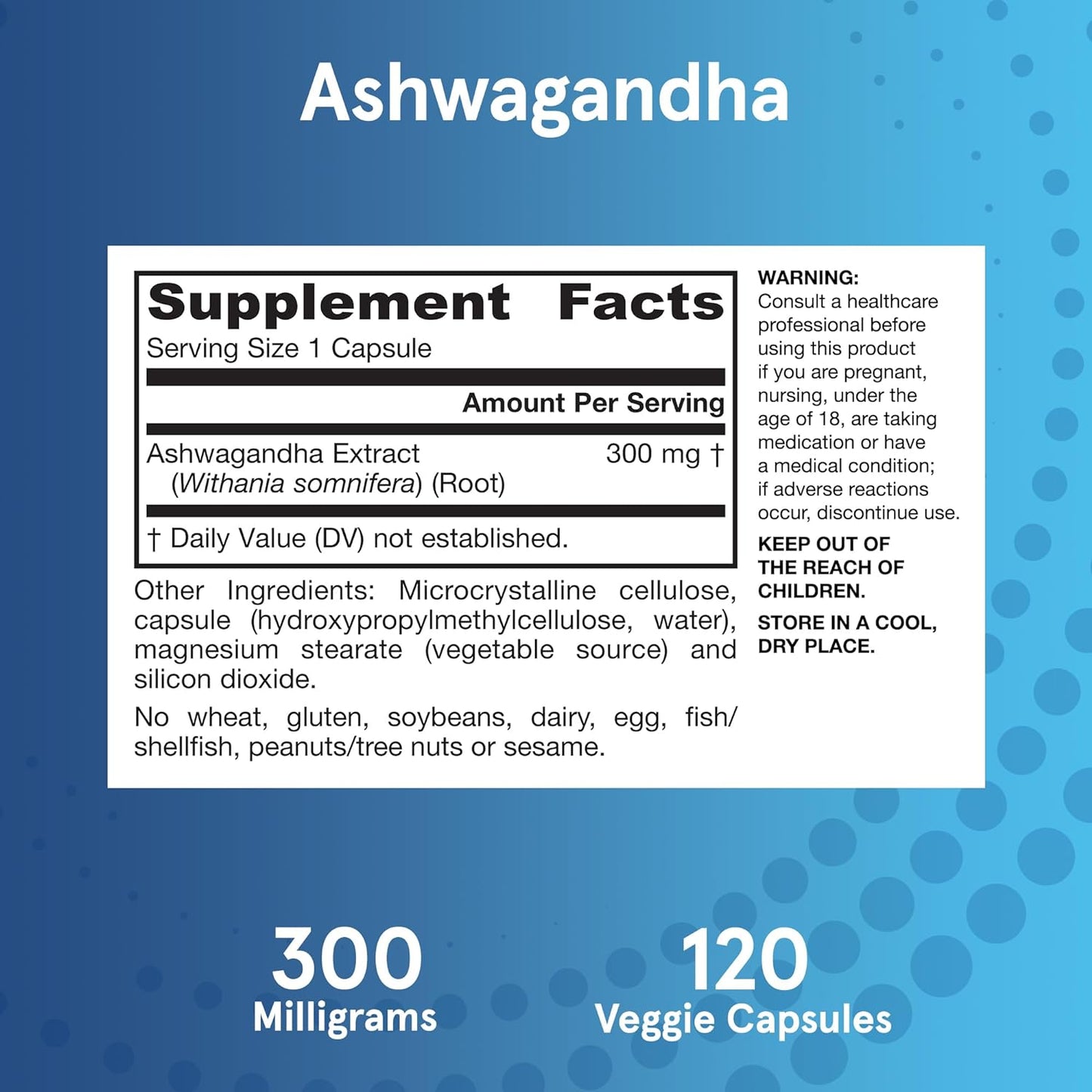 Ashwagandha Capsules, 300 Mg Supplement Supports Normalized Resistance to Mental and Physical Stress, 120 Veggie Capsules, 60 Day Supply