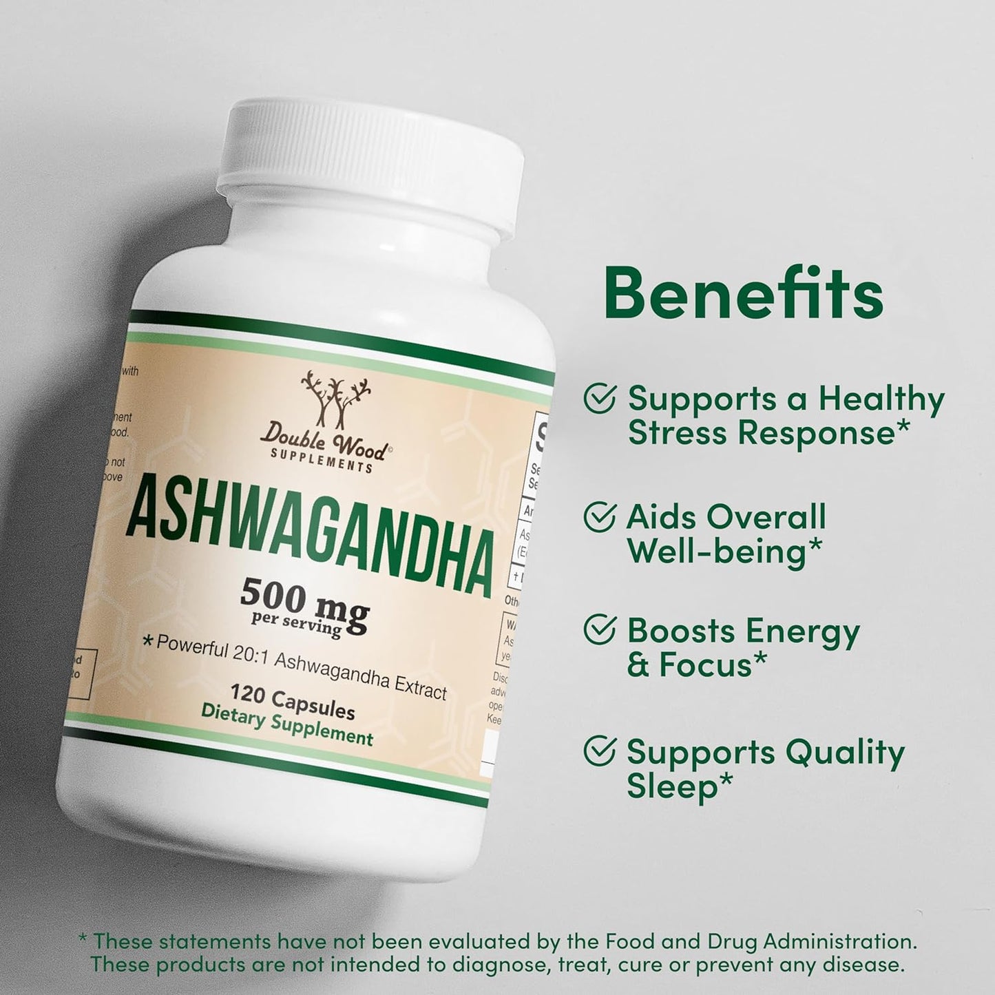 Ashwagandha Capsules, 120 Count (500Mg Extract 20:1 Potency, Equivalent to 10,000Mg Powder) Adaptogen Stress Relief by Double Wood