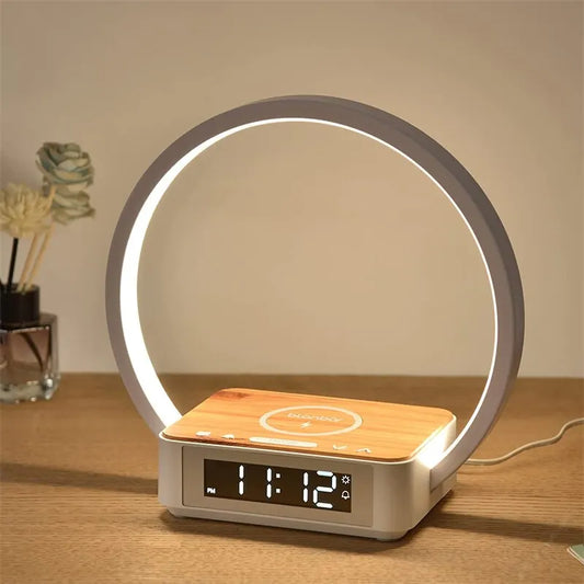 "3-in-1 Wireless Charging Bedside Lamp with Touch Control, Alarm Clock & Night Light - Perfect for Your Bedroom!"