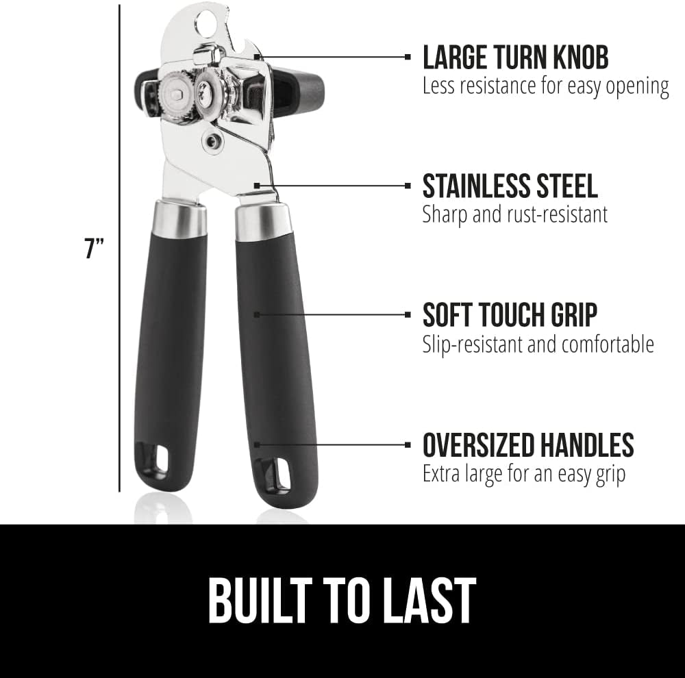 The Original  Heavy Duty Stainless Steel Smooth Edge Manual Can Opener and Bottle Openers, Soft Handle, Rust Proof Oversized Handheld Easy Turn Knob, Multifunctional Kitchen Tool, Black