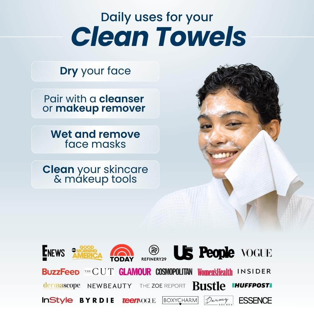 Clean Towels XL™, 100% USDA Biobased Dermatologist Approved Face Towel, Disposable Clinically Tested Face Towelette, Facial Washcloth, Makeup Remover Dry Wipes, 3 Travel Pack, 30 Ct