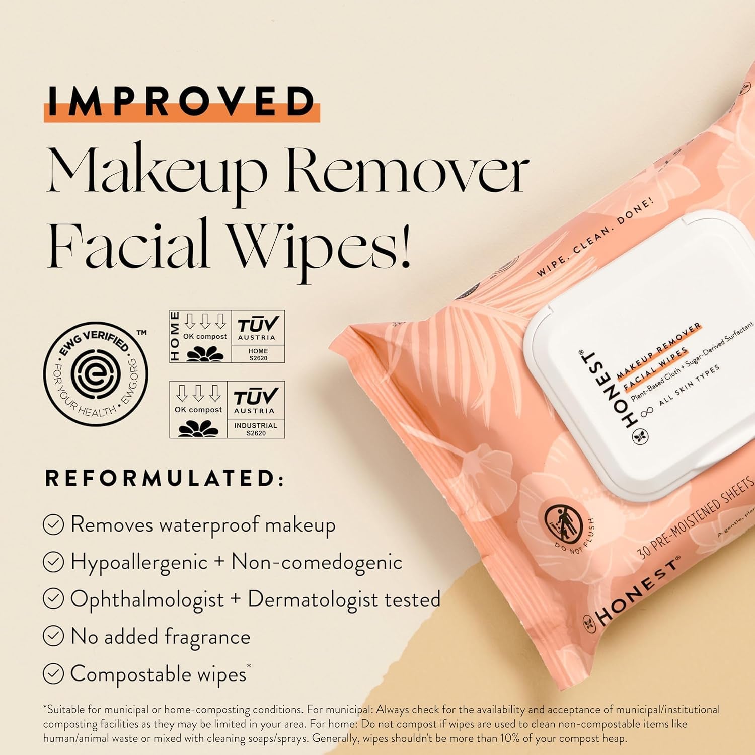 Makeup Remover Facial Wipes | EWG Verified, Plant-Based, Hypoallergenic | 30 Count 3 Pack