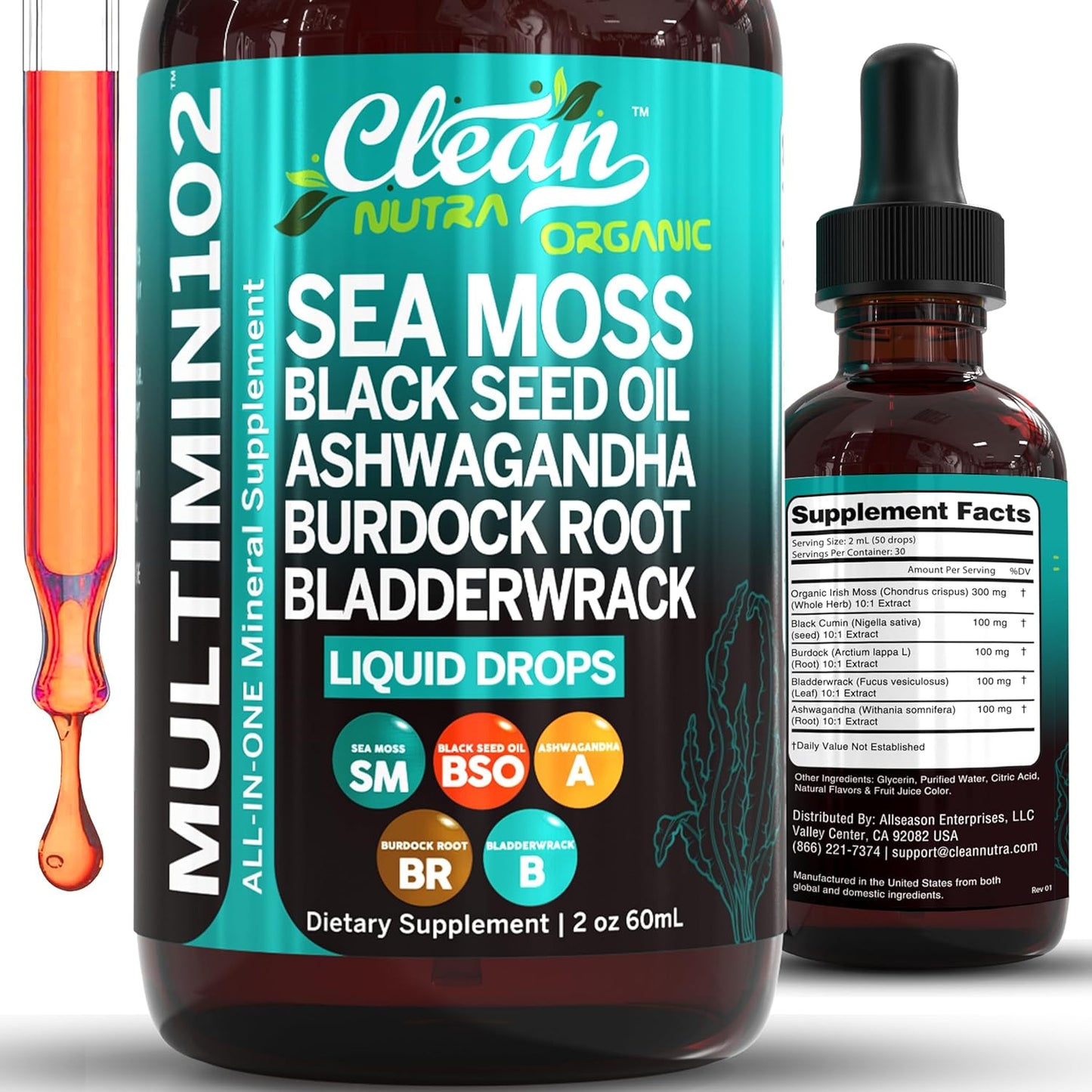 Sea Moss Liquid Drops Supplement with Black Seed Oil Ashwagandha Burdock Root & Bladderwrack - Multimineral Organic Non-Gmo Vegan for Gut Heath Skin Immune Support Hair