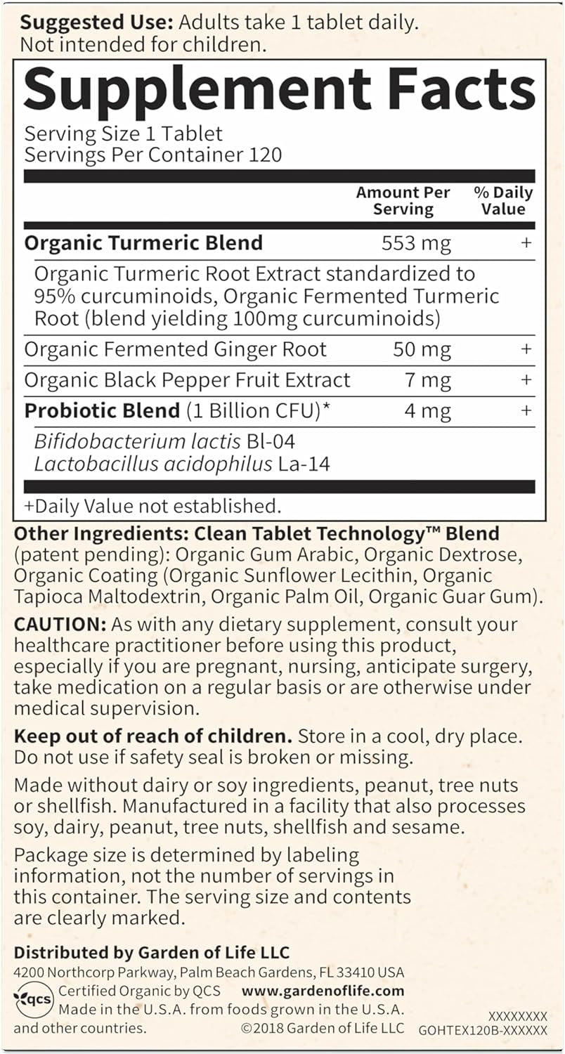 Organics Extra Strength Turmeric Inflammatory Response 120 Tablets-100Mg Curcumin (95% Curcuminoids) Black Pepper, Probiotics, Organic Non-Gmo Vegan Gluten Free Herbal Supplement