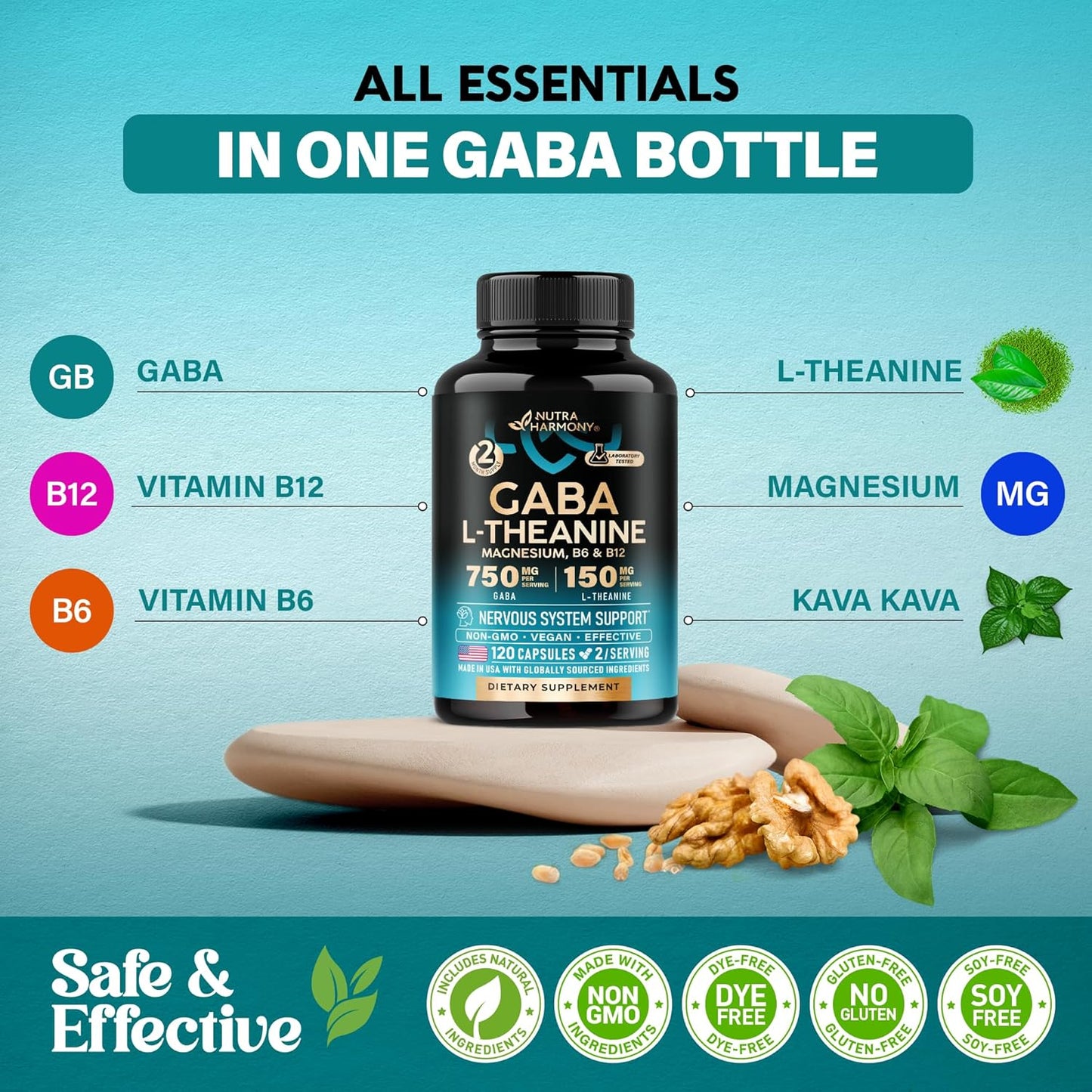 GABA L-Theanine 900 Mg - Made in USA - Magnesium | Vitamin B6 - Calm, Sleep, Relaxation & Mood Support - 750 Mg Gamma Aminobutyric Acid, 150 Mg L-Theanine - Non-Habit Forming, Vegan - 120 Capsules