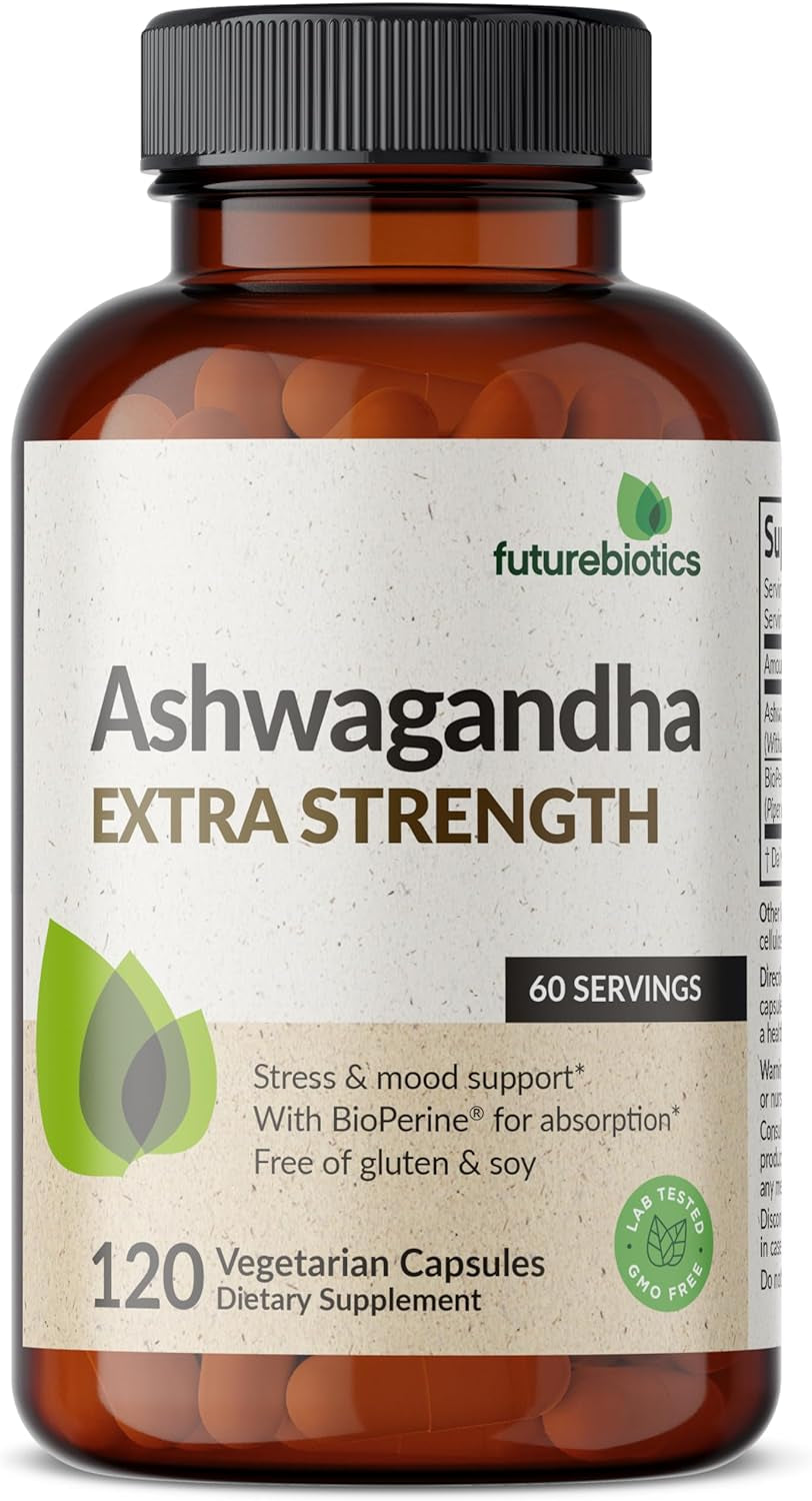 Ashwagandha Extra Strength Stress & Mood Support with Bioperine - Non GMO Formula, 120 Vegetarian Capsules