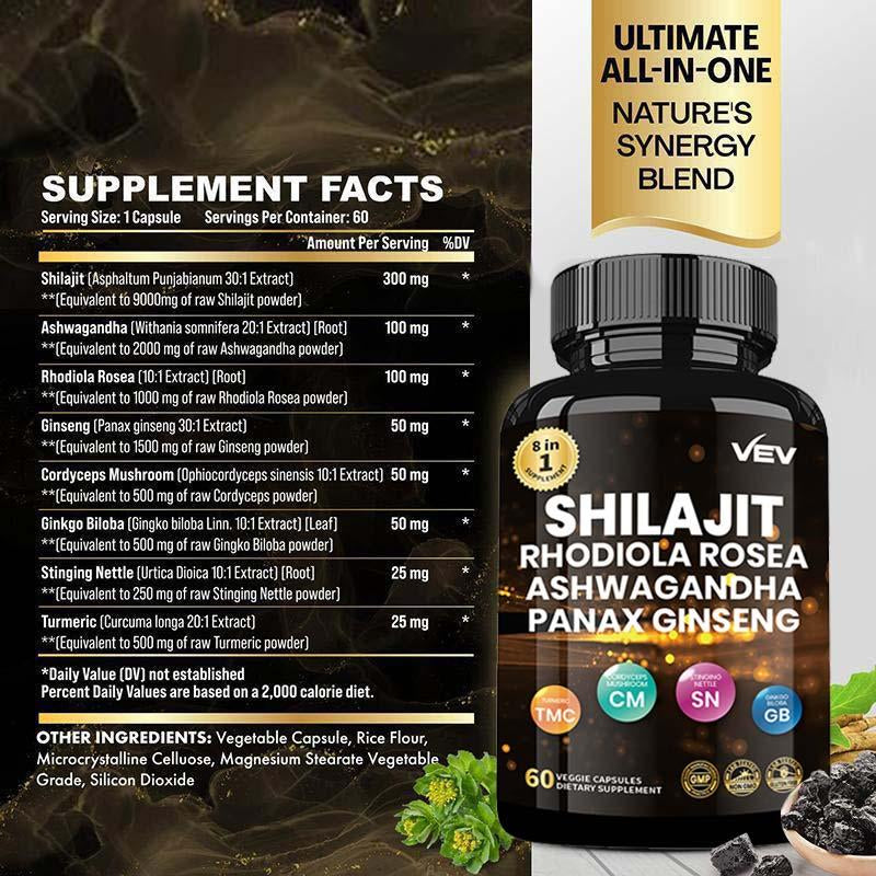 VEV Sea Moss, Shilajit, Black Seed Oil, Turmeric, Multi Minerals, Ashwagandha, Burdock Root, Vitamin C -60 Capsules Healthcare Dietary Supplements