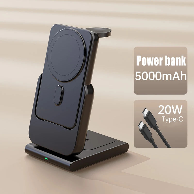 "Ultimate 3-in-1 Wireless Magnetic Charging Station - Fast, Foldable Power Bank for MagSafe iPhone 15/14/13/12!"