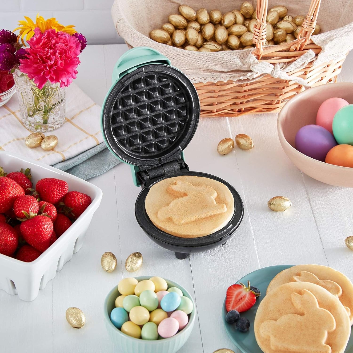 Mini Waffle Maker - 4” Waffle Mold, Nonstick Waffle Iron with Quick Heat-Up, PTFE Nonstick Surface - Perfect Mini Waffle Maker for Kids and Families, Just Add Batter (Aqua)