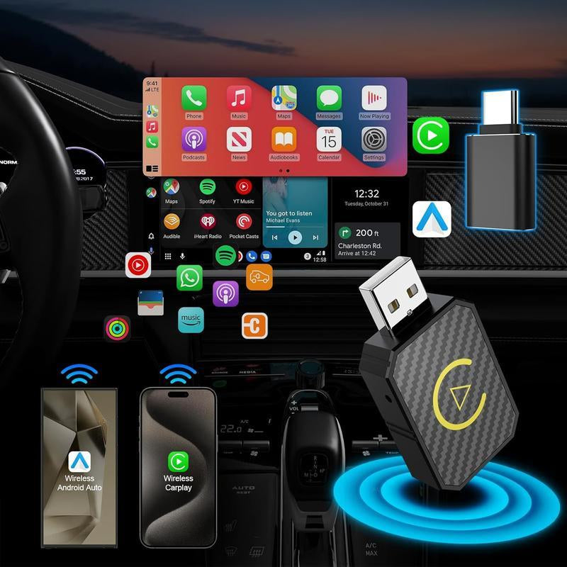 2-In-1 Android Car Wireless & Carplay Wireless Adapter, Switch from Wired to Wireless, Dongle for Cars with AA & Carplay, USB C/A, Plug and Play, Sturdy, Compatible with 98% Cars