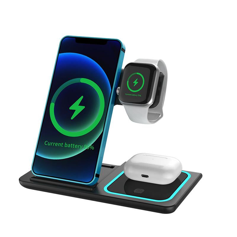 Foldable 3 in 1 Wireless FAST Charger 15W Stand for Iphone 15,14,13,12,11/Pro/Max/Mini/Plus, X, XR, Xs/Max, Se,8/Plus, Suitable for Iwatch 1-9, Airpods 3/2/Pro - Compact, Stylish & Effortless Charging Solution