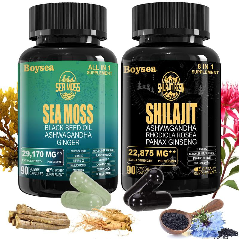 Boysea Sea Moss Multivitamin & Shilajit Power Combo - 90 Count - Seamoss 7000Mg, Black Seed Oil 4000Mg, Ashwagandha 2000Mg, Ginger & Shilajit 9000Mg, Rhodiola Rosea 1000Mg, All in 1 Supplements