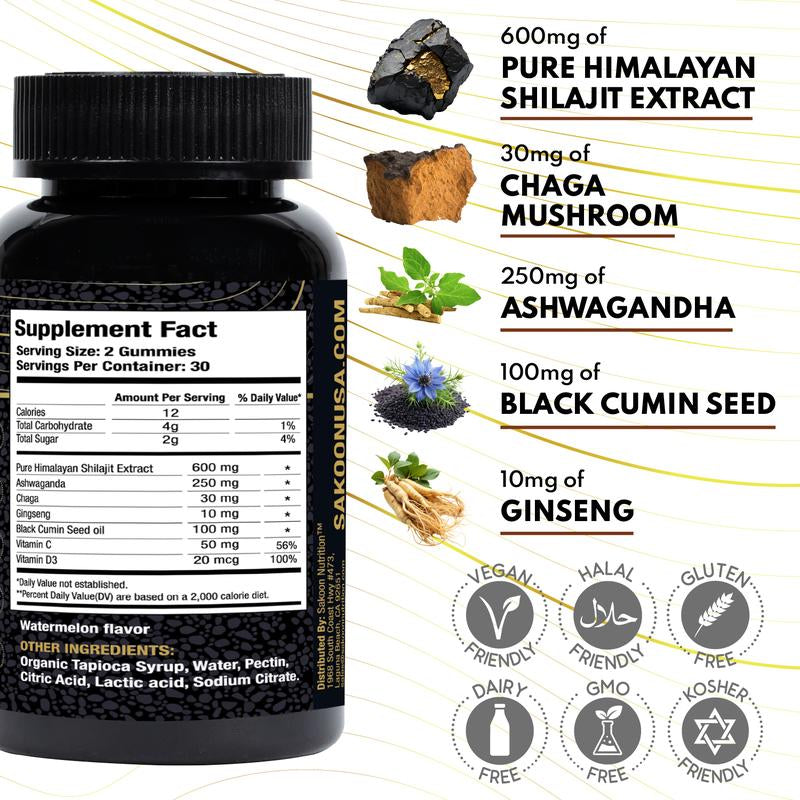 Pure Shilajit Supplement Gummies with Black Seed Oil, High Potency Pure Himalayan Resin for Energy, Immune Support, and Cognitive Function, Lab Tested Chewables